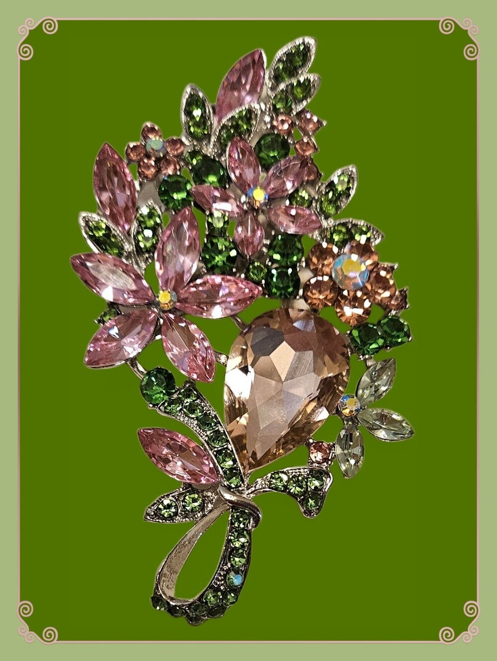 Silver Tone Floral Pendant Brooch With Glass & Acrylic Pink & Green Gemstones